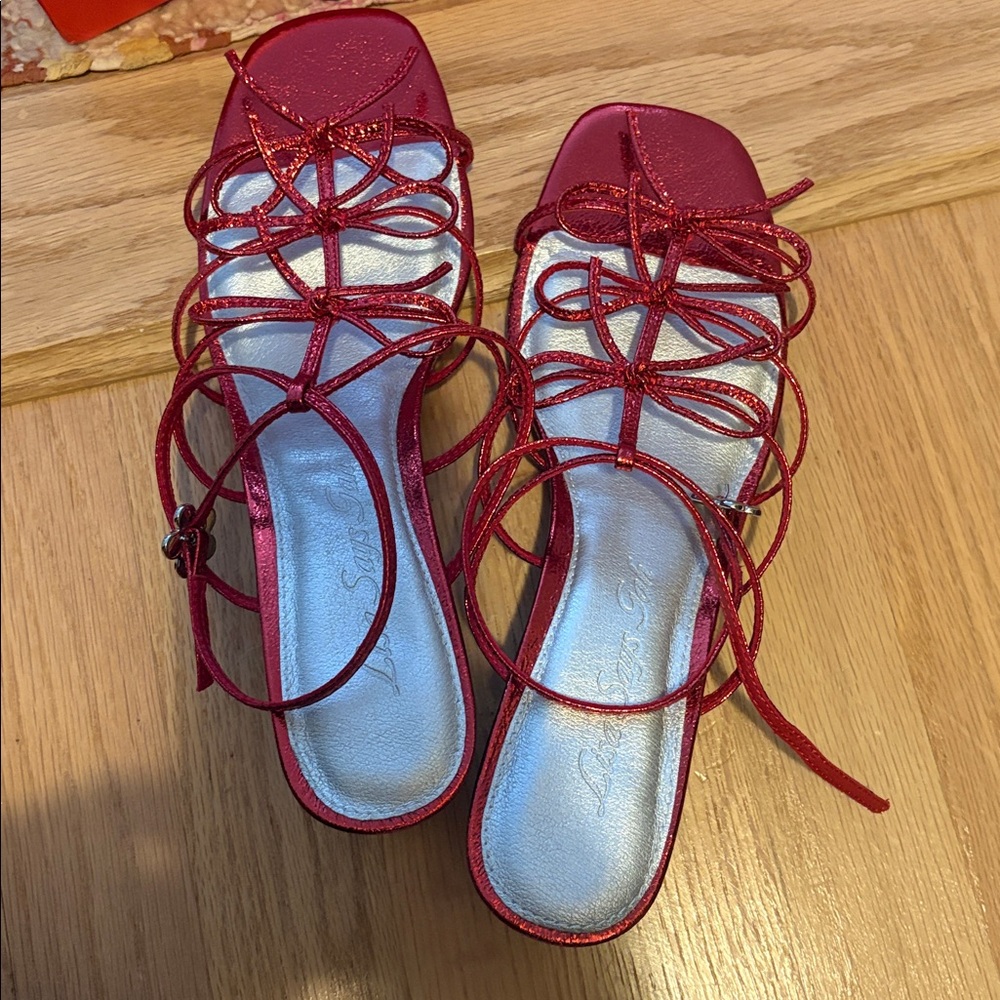 New Lisa Says Gah Carey Bow Sandals - Metallic Red Strappy Heels - Picture 5 of 5